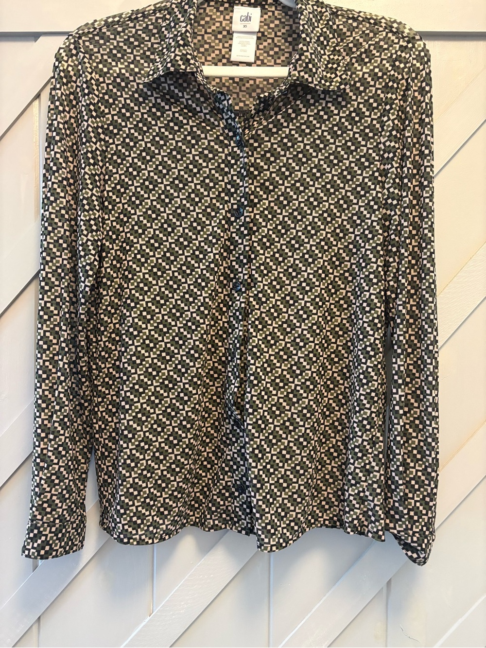 CAbi Sheer Geometric Print Long-Sleeve Shirt - Olive/Black/Cream